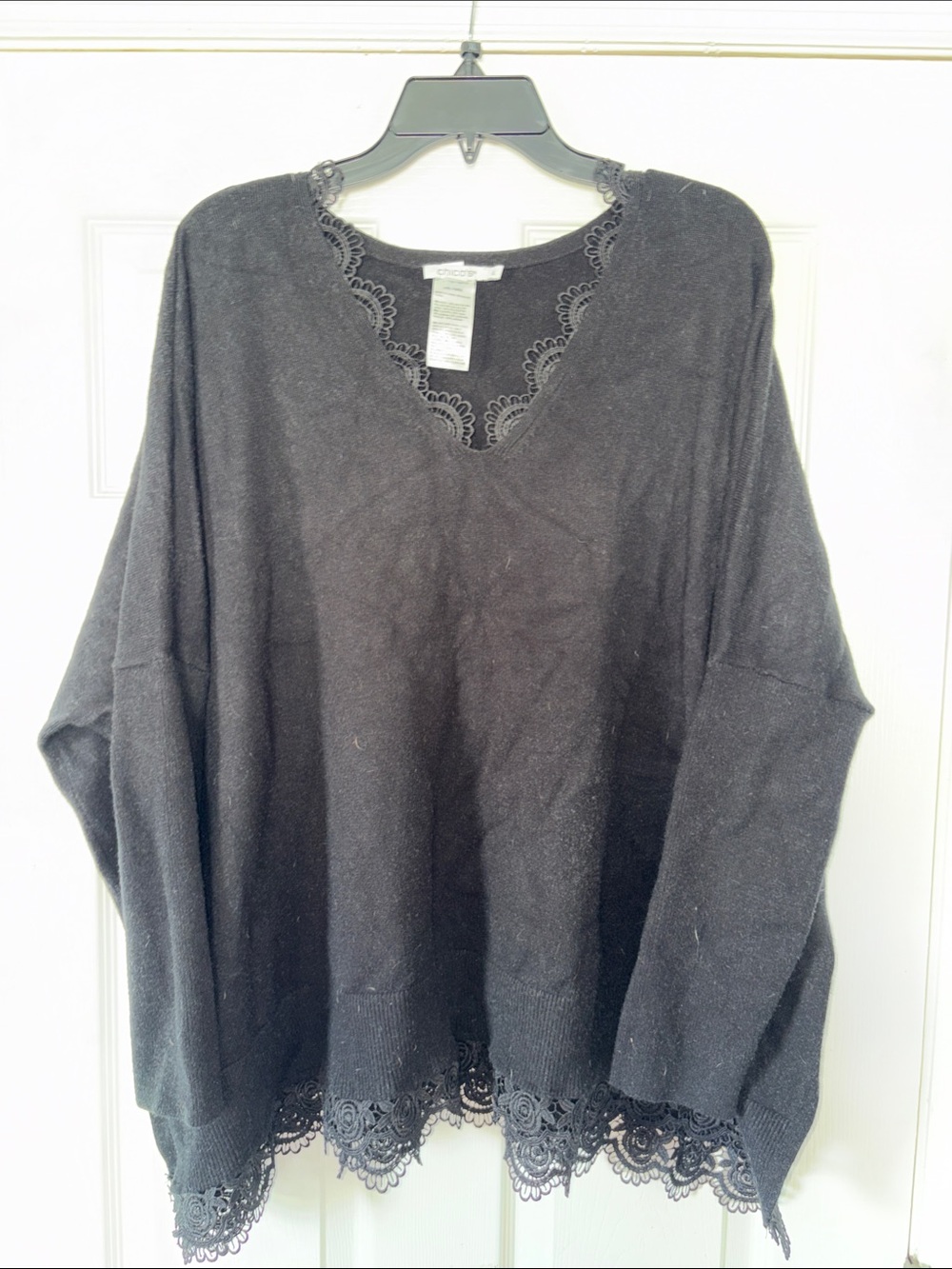 Chico's Black V-Neck Sweater with Leather Lace Trim L/XL